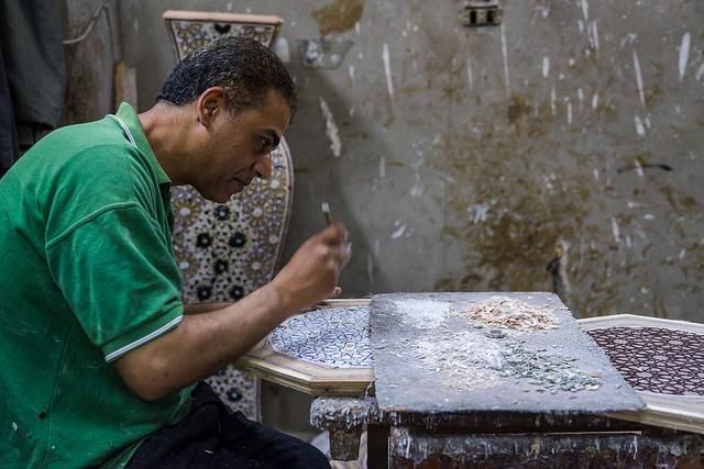 Creative output. Khaled Khalida at his pearl and furniture workshop. (Karen Dabrowska)